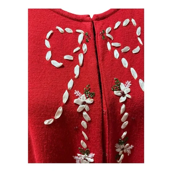 Emma James Red Holiday Cardigan, embellished style ribbon/bead floral designs - Picture 2 of 7